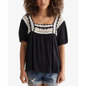 Lucky Brand Women's Crochet Square Neck Cotton Knit Top